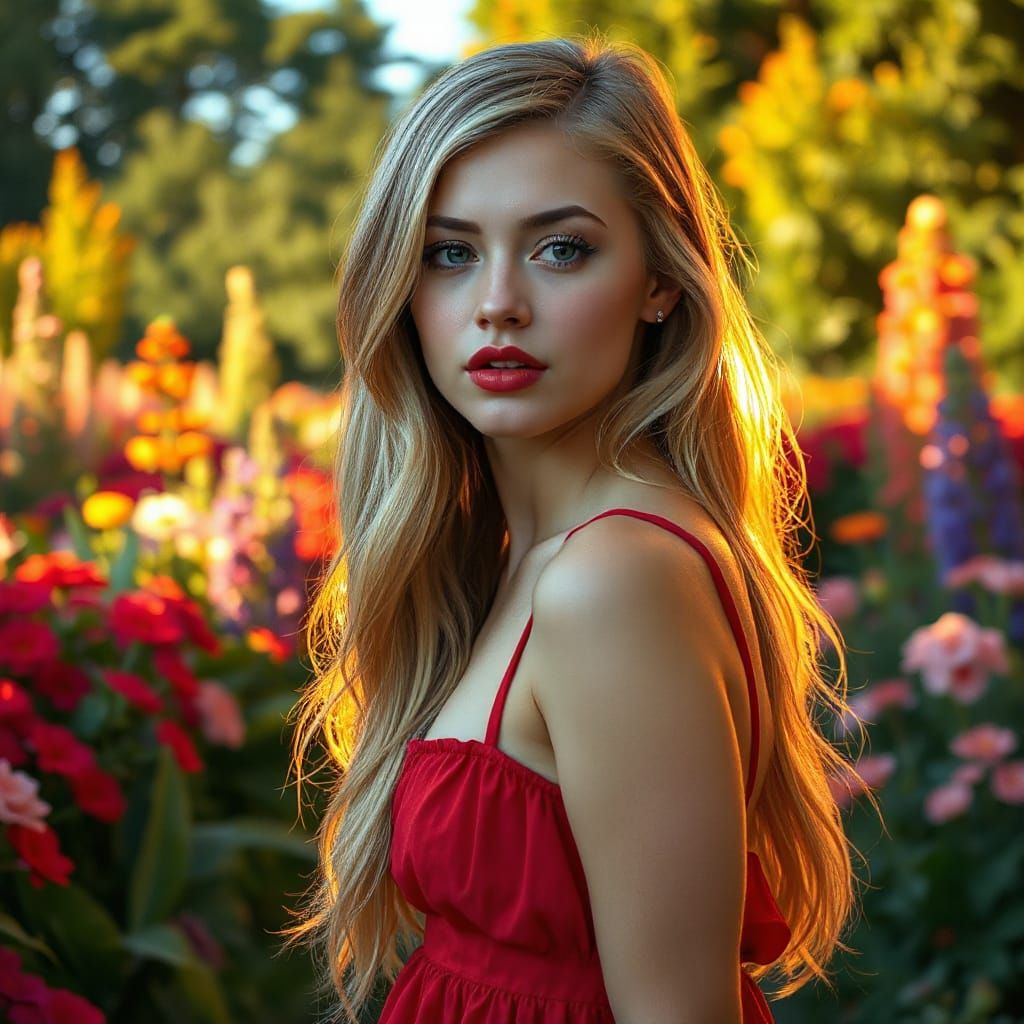 Young Woman in Summer Dress, Hyperrealistic Style