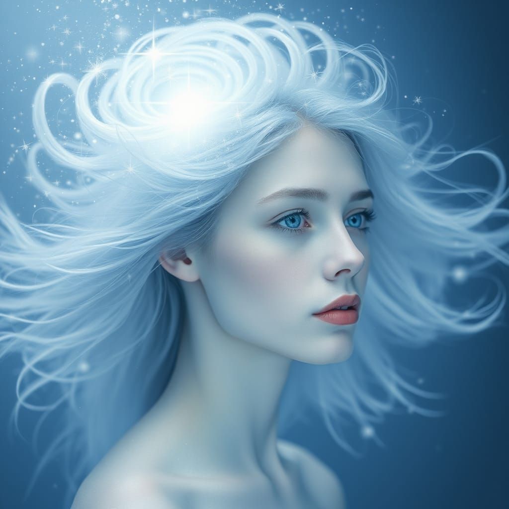 Ethereal Woman Merging with Bursting Stars