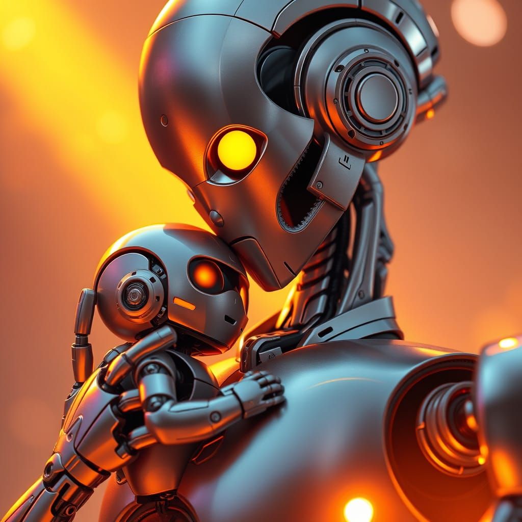 Robot Cradling Child in Futuristic Style