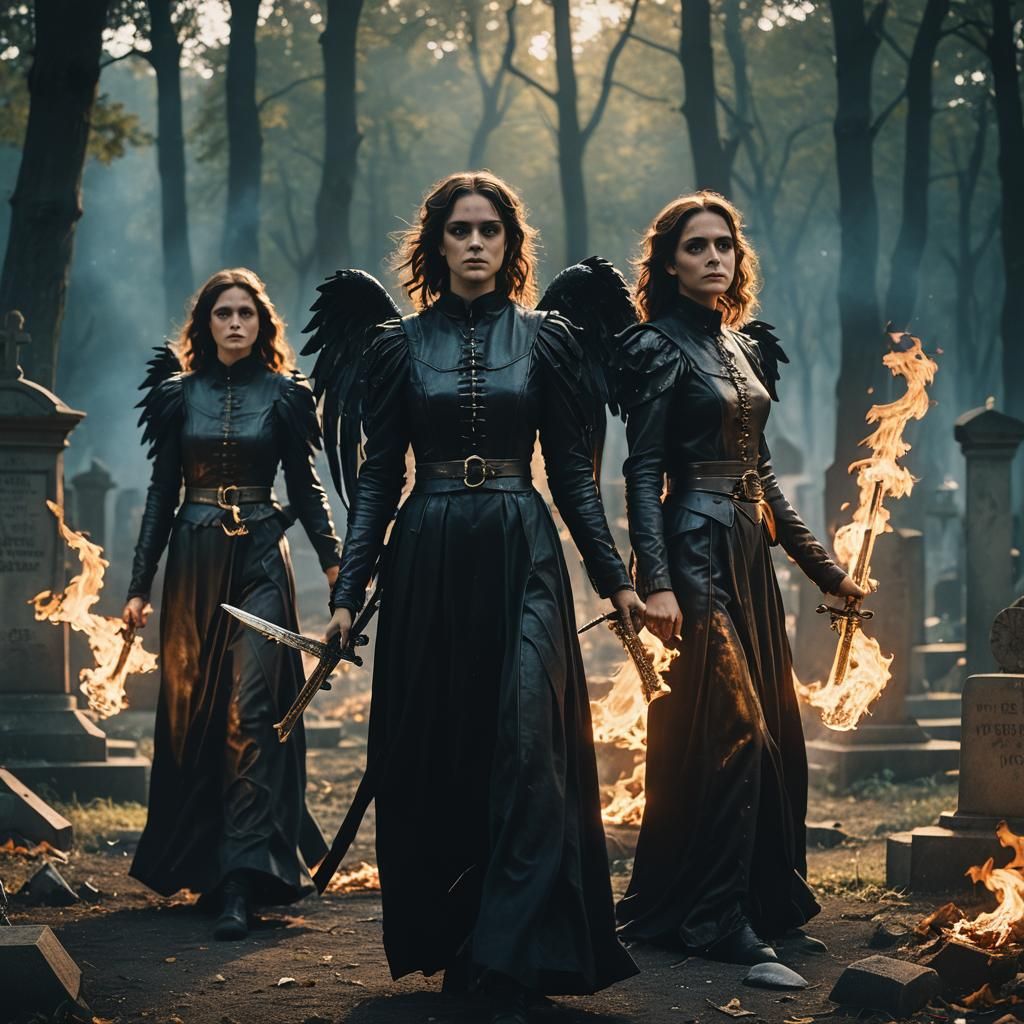 Gothic Angels with Swords of Fire in Cemetery