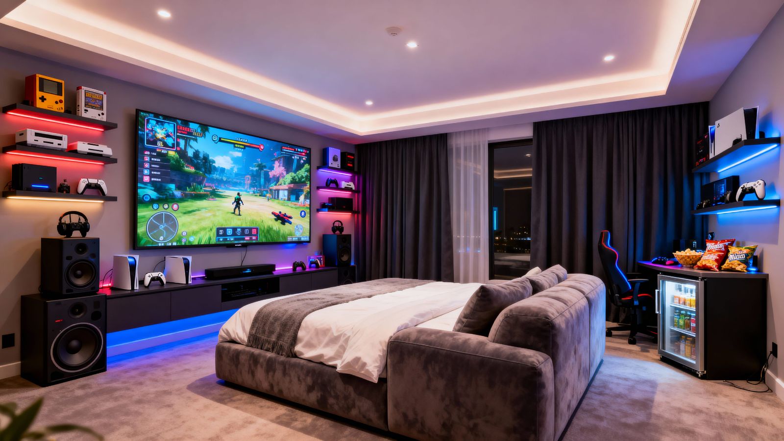 Ultimate Gamer Sanctuary: Plush Bed & Immersive Gaming Setup