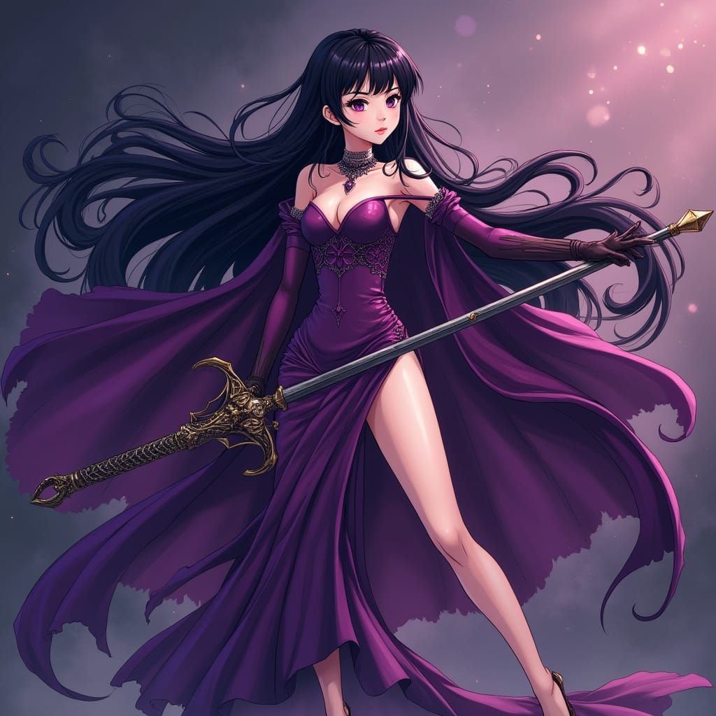 Anime Villainess in Purple Dress with Ornate Sword