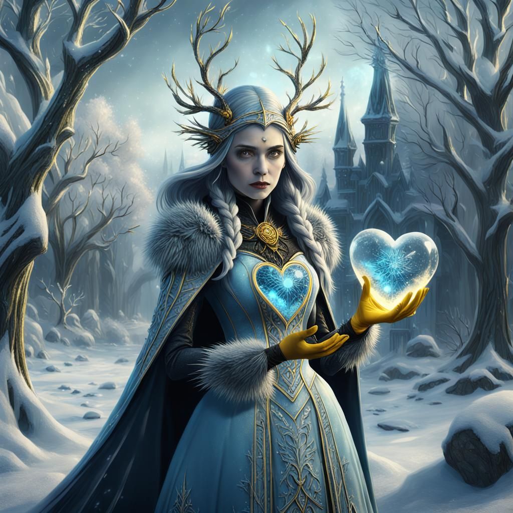 Winter Witch with Frozen Heart in Yellow Landscape