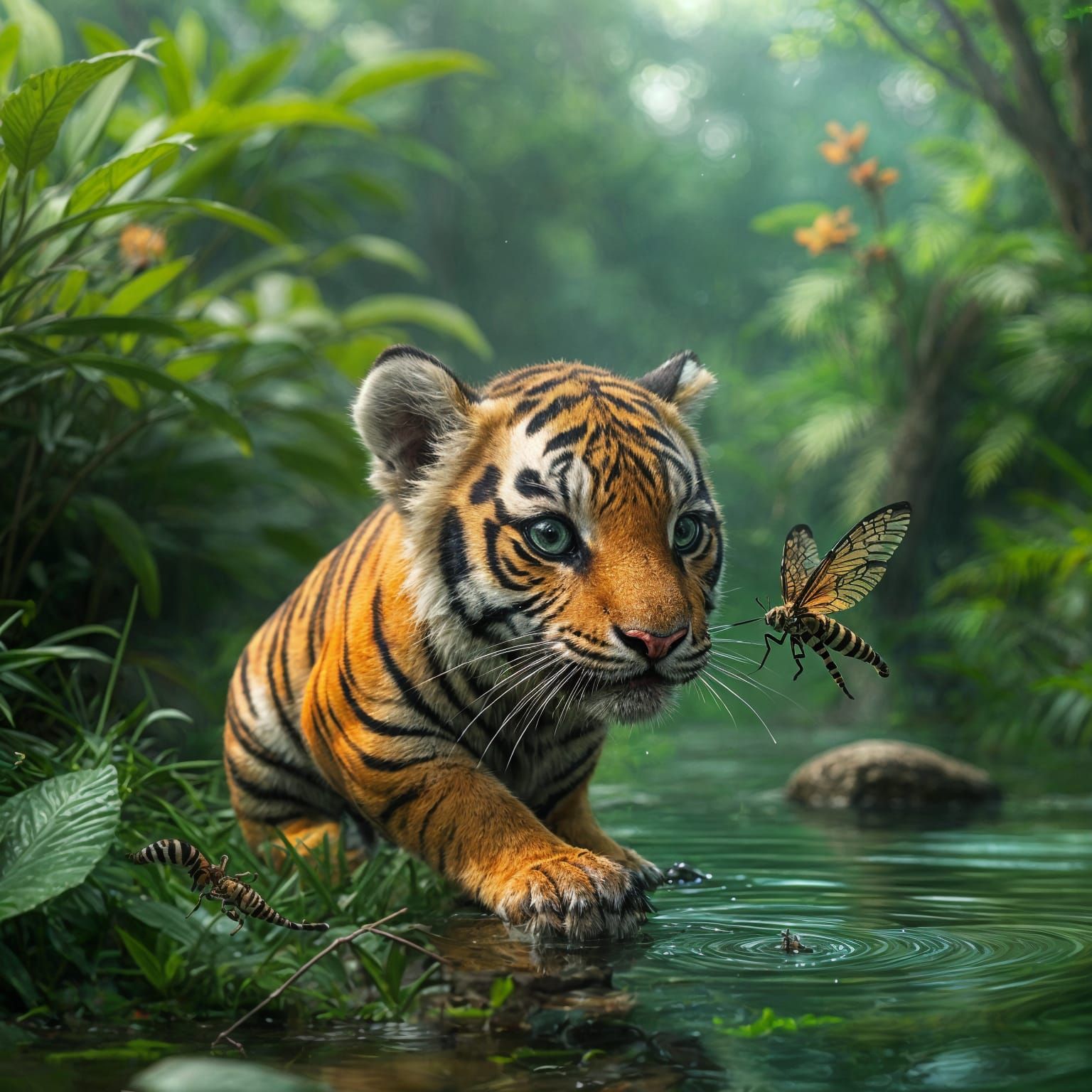 Majestic Tiger Cub Discovers a Flying Insect in Vibrant Jung...