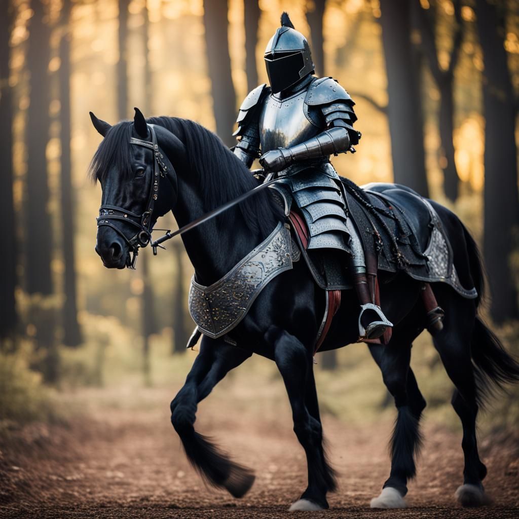 Armored Black Horse and Knight in Hyperrealistic Style