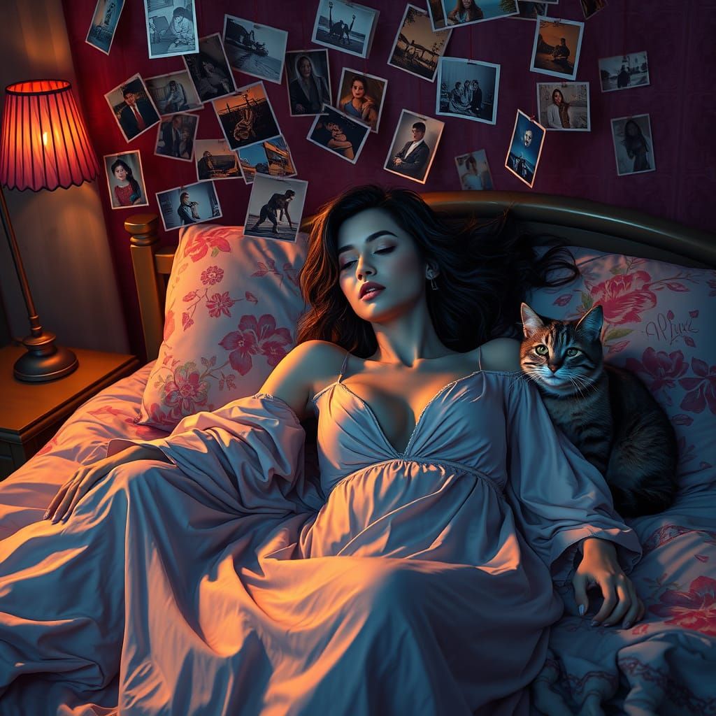 Woman Reclining with Cat Surrounded by Memories