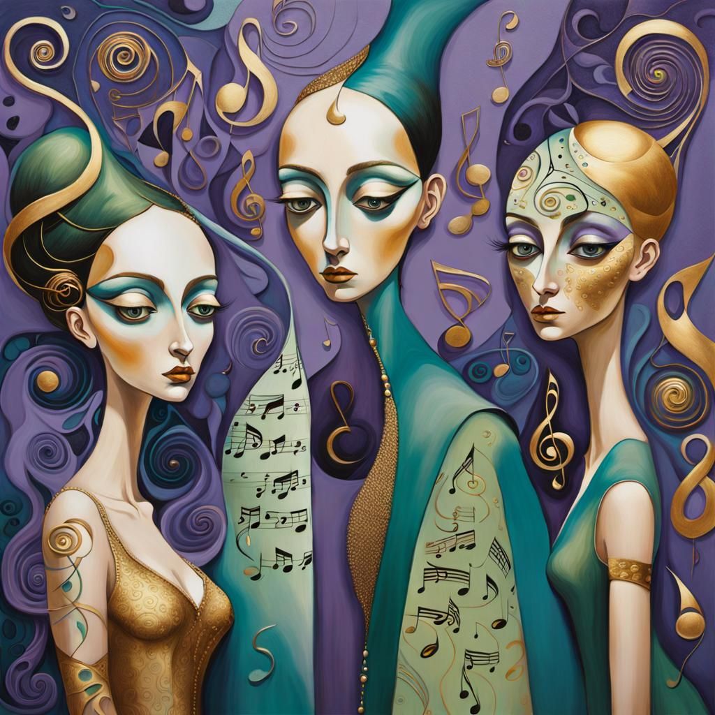 Eerie Surrealism: Figures with Musical Notes in Dreamlike St...