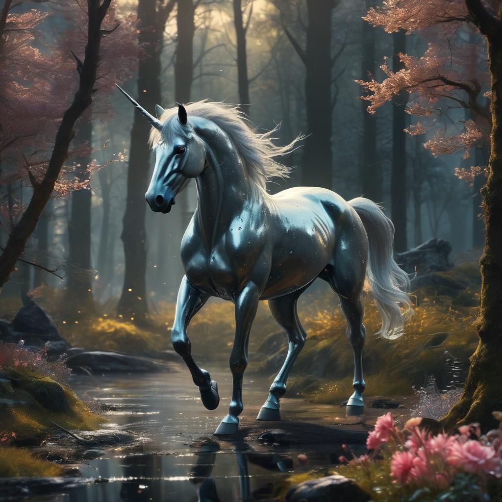 Liquid Silver Unicorn in Ethereal Forest