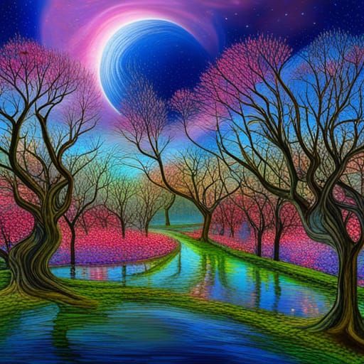 Fantasy Cherry Orchard Under Starry Night, Kinetic Pointilli...