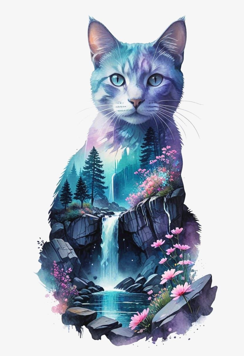 Surreal Watercolor Masterpiece with Cat Silhouette and Dream...