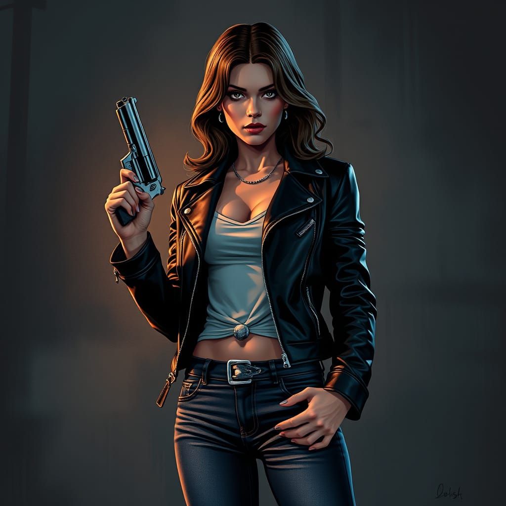 Film Noir Woman with Revolver in Syd Mead Style