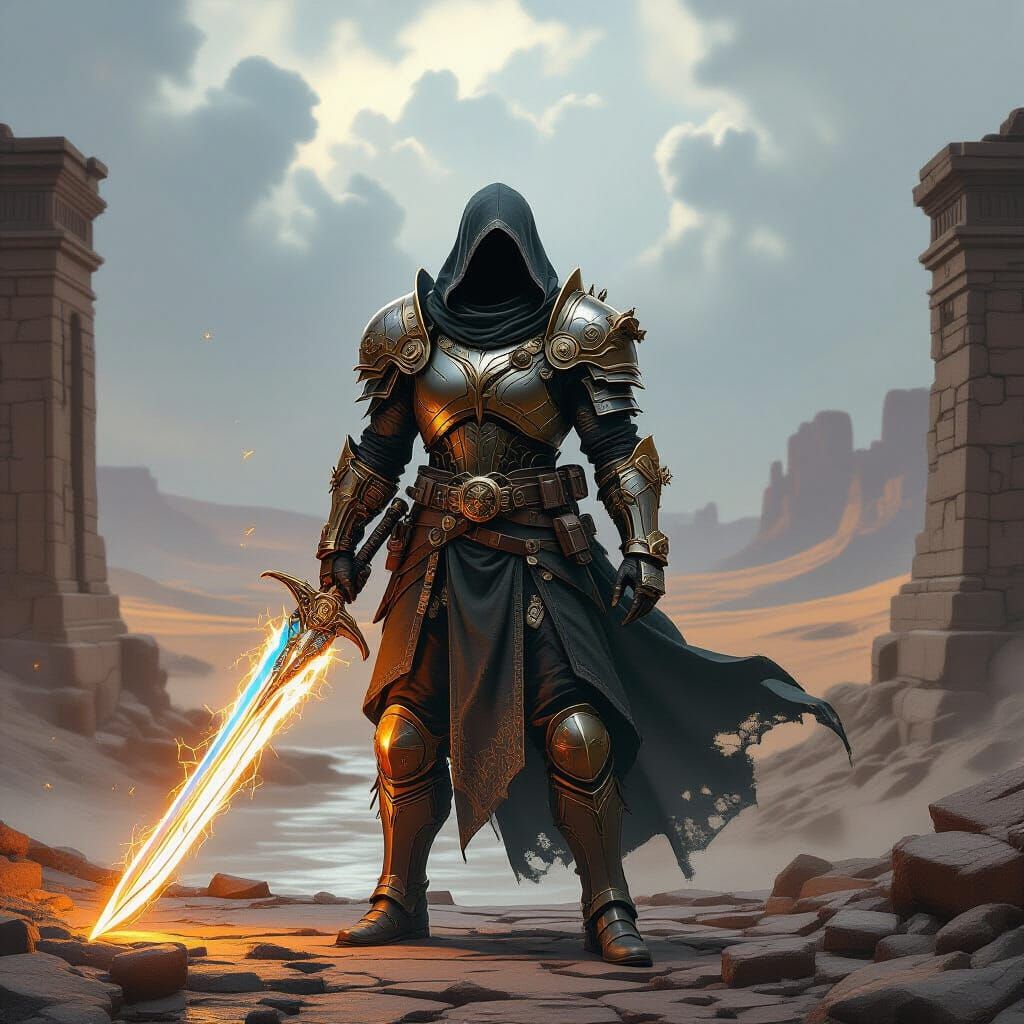 Lone Warrior in Steampunk Armor with Energy Sword