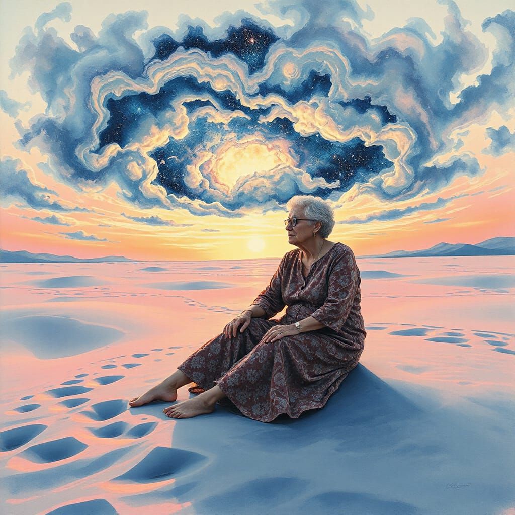 Elderly Woman on Alien Beach as Gouache Painting