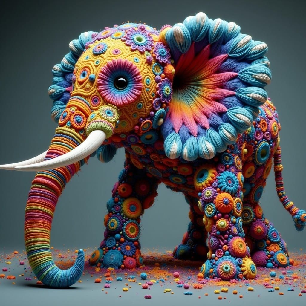 Rainbow Elephant Yarn Art with Psychedelic Patterns