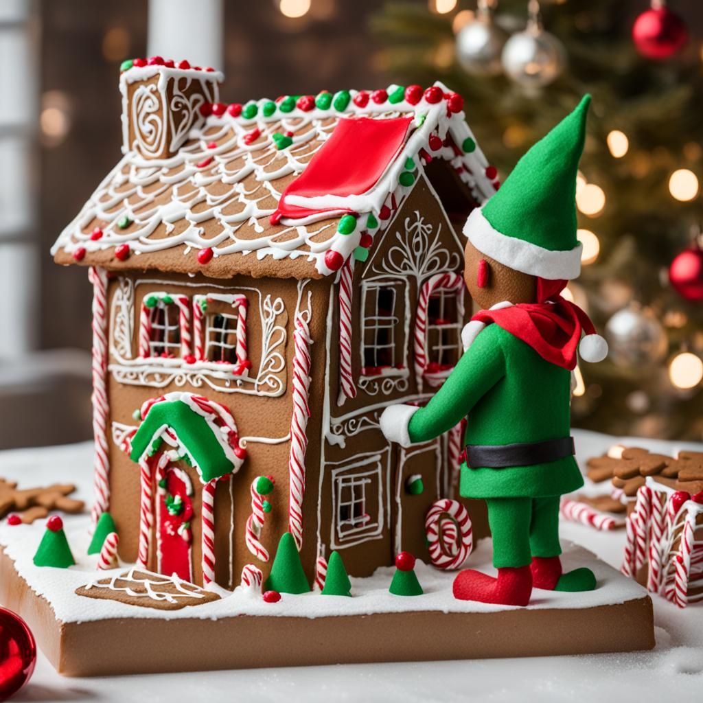 Festive Elf Building a Gingerbread House