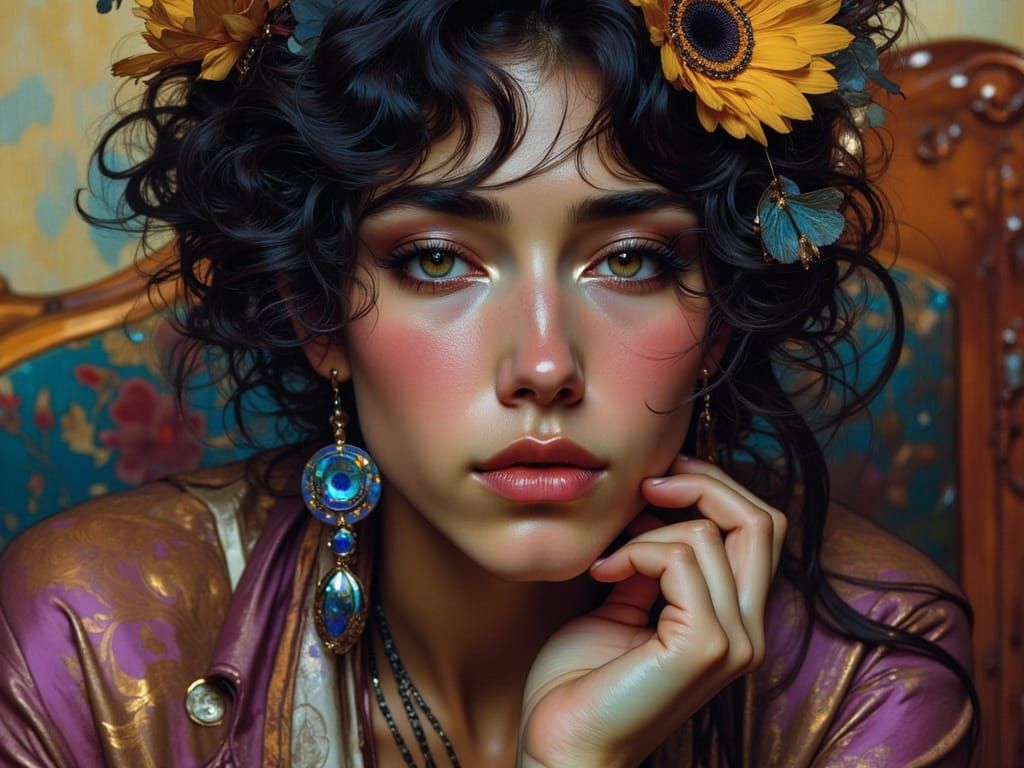 Expressive Portrait with Vibrant Colors and Art Nouveau Styl...