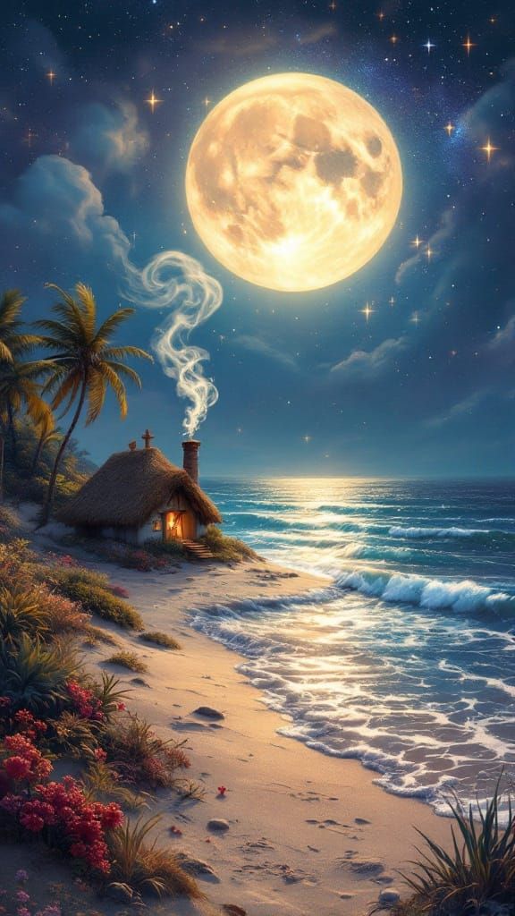 Dreamy Oceanic Cottage in Whimsical, Mystical Landscape