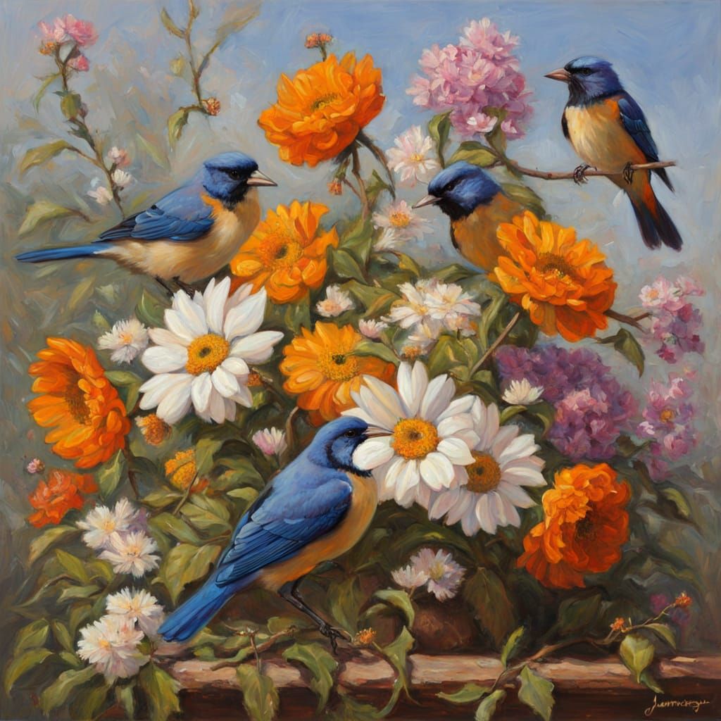 Vibrant Floral Scene with Birds, Oil Painting