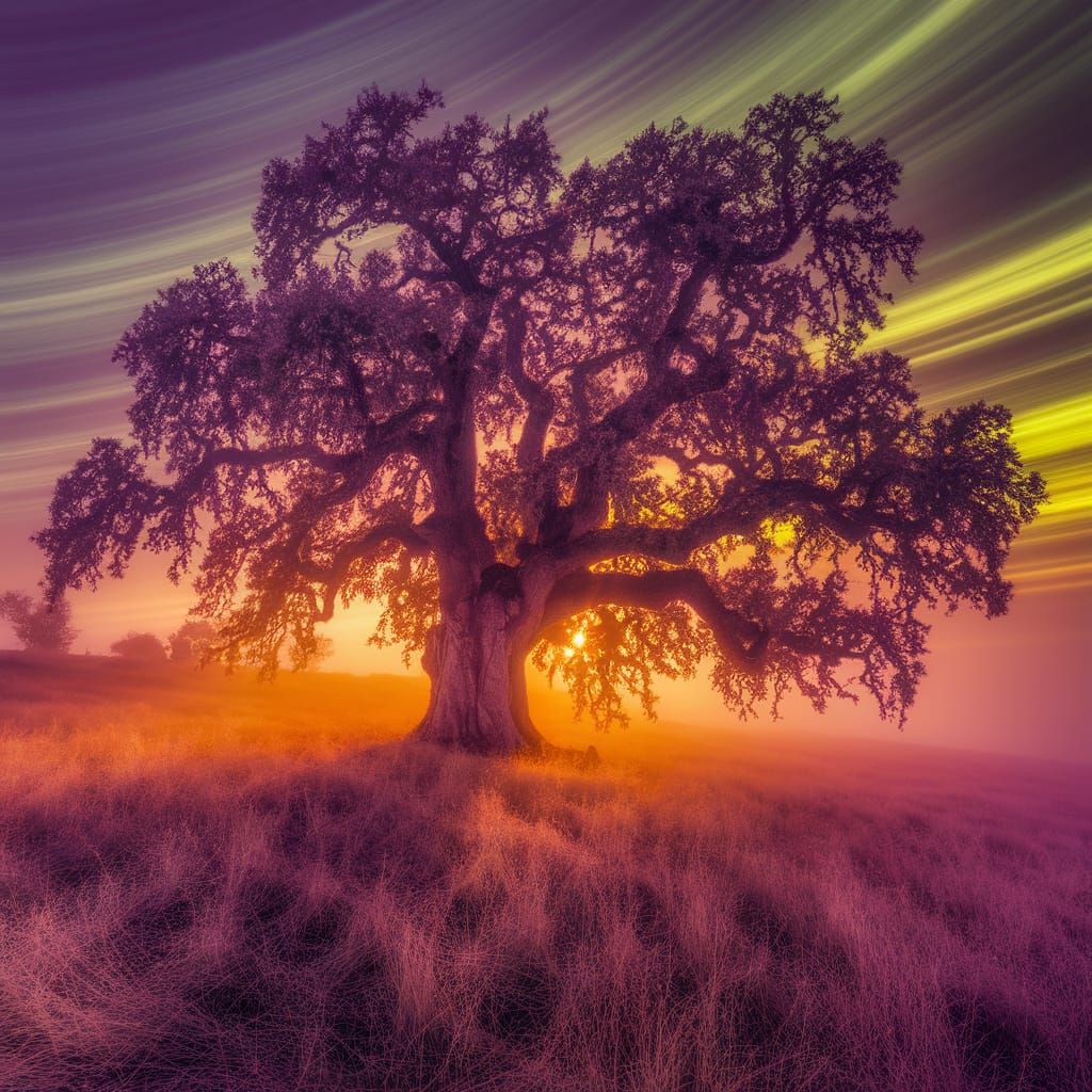Solitary Purple Oak Tree in Golden Sunset Light