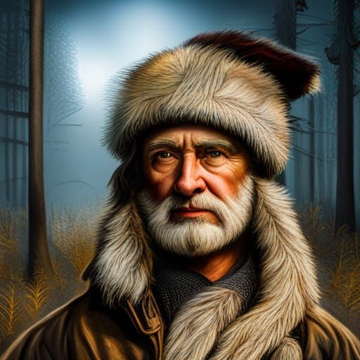 Davy Crockett in Raccoon Hat: Hyperrealistic Forest Portrait
