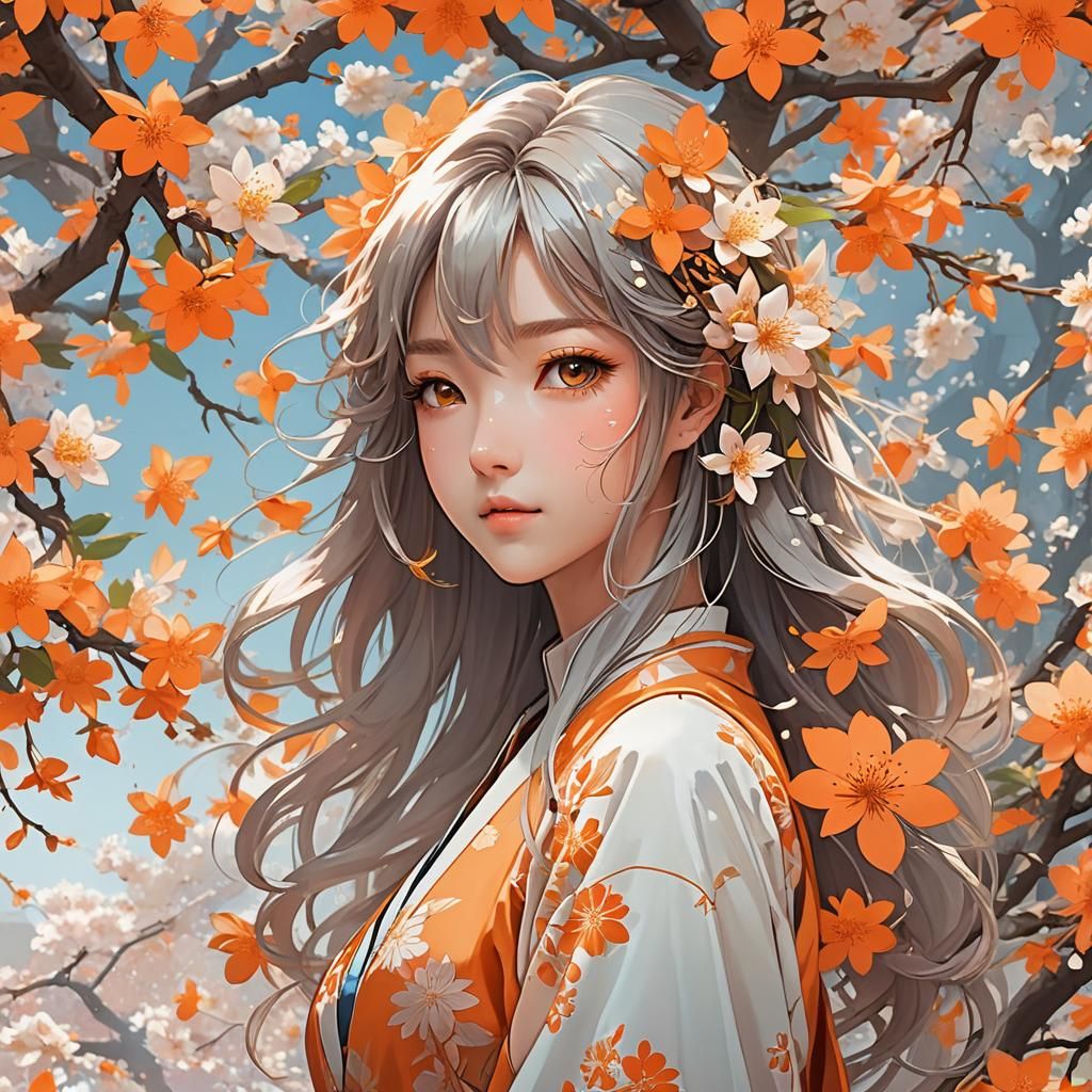 Orange Blossoms in Sunlit Hair: Manga-Inspired Digital Art