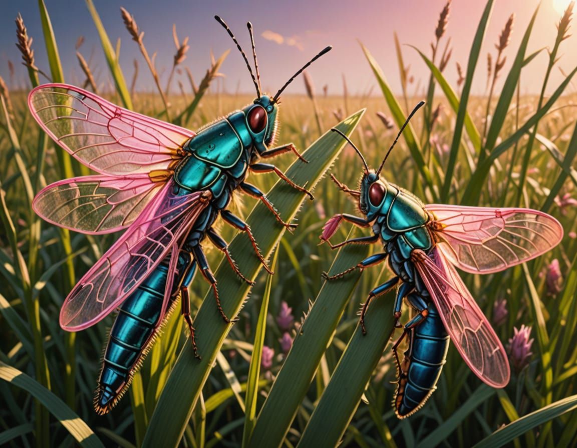 Hyperrealistic Pink Grasshoppers in Vibrant Pampa Landscape