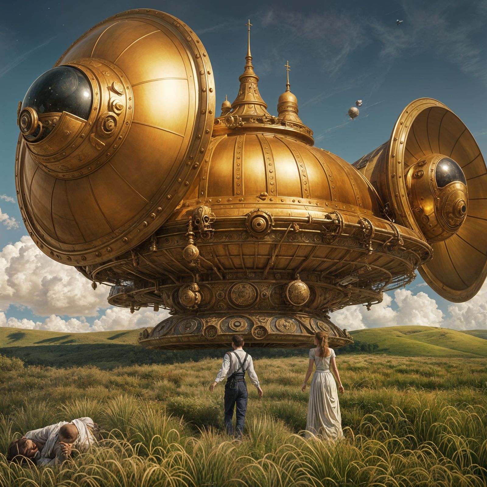 Surreal Cityscape with Woman, Cat and Red Car