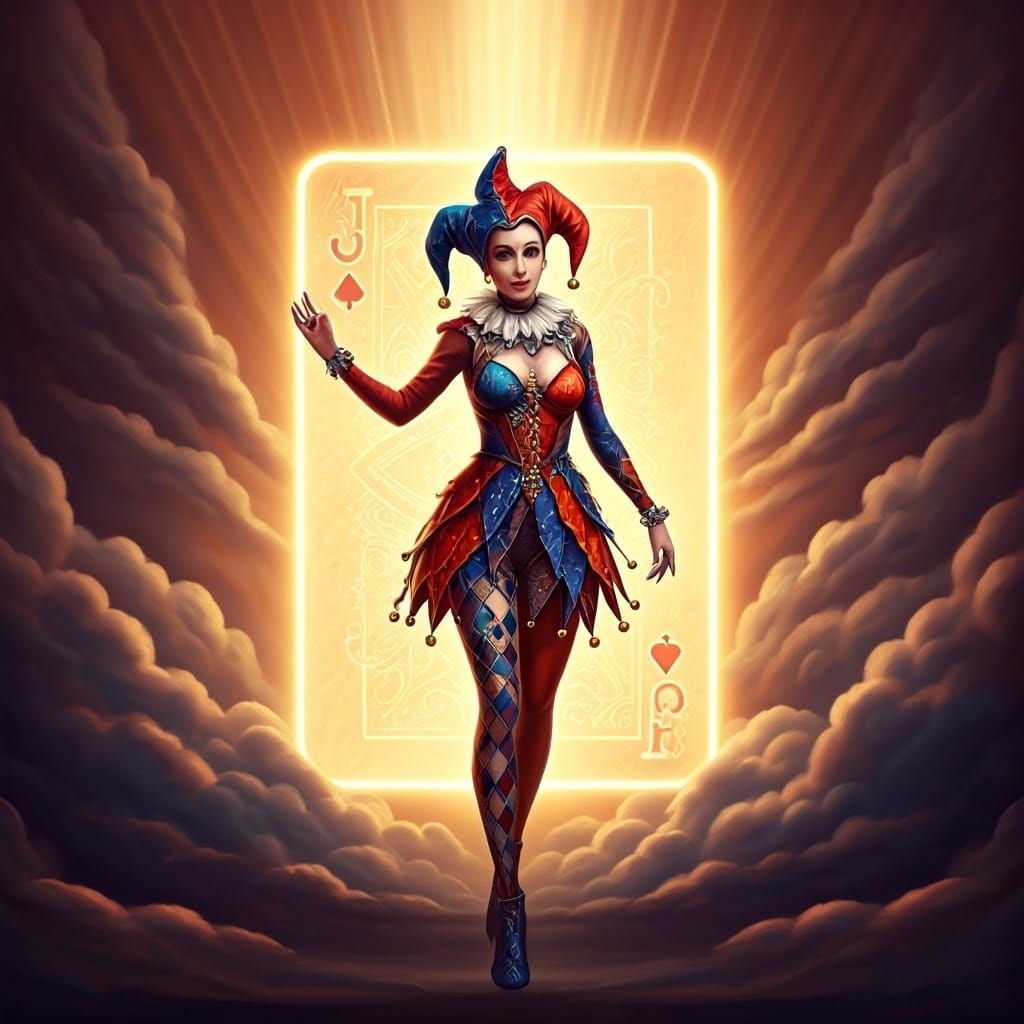 Dreamy Jester Emerges from Glowing Joker Card