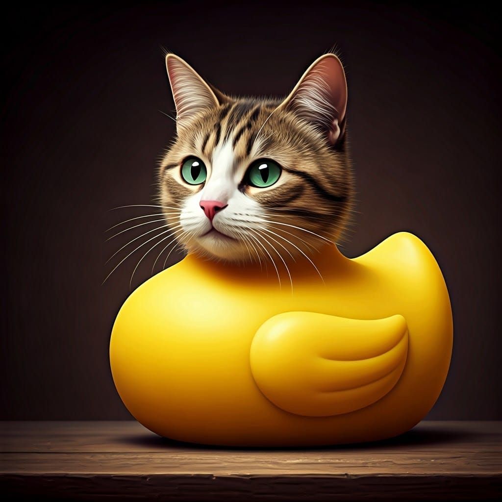 Whimsical Feline Rubber Duck Hybrid in Vibrant Fantasy Setti...