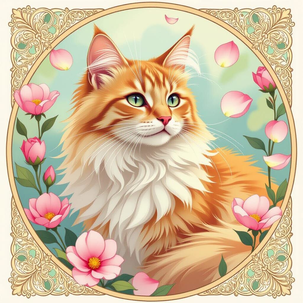 Cat Surrounded by Flowers in Art Nouveau Style