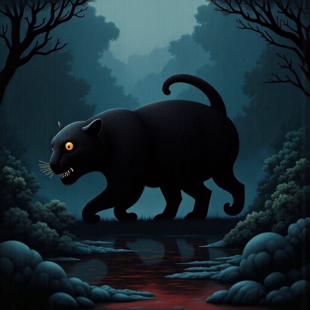 Black Panther Prowling Twilight Jungle River Trail