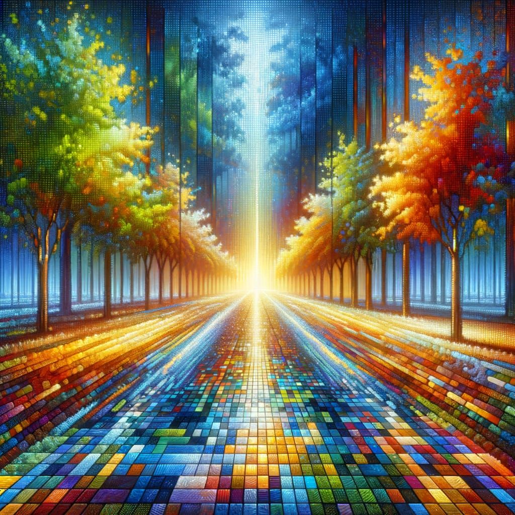 Vibrant Pixelated Path Through Autumn Landscape