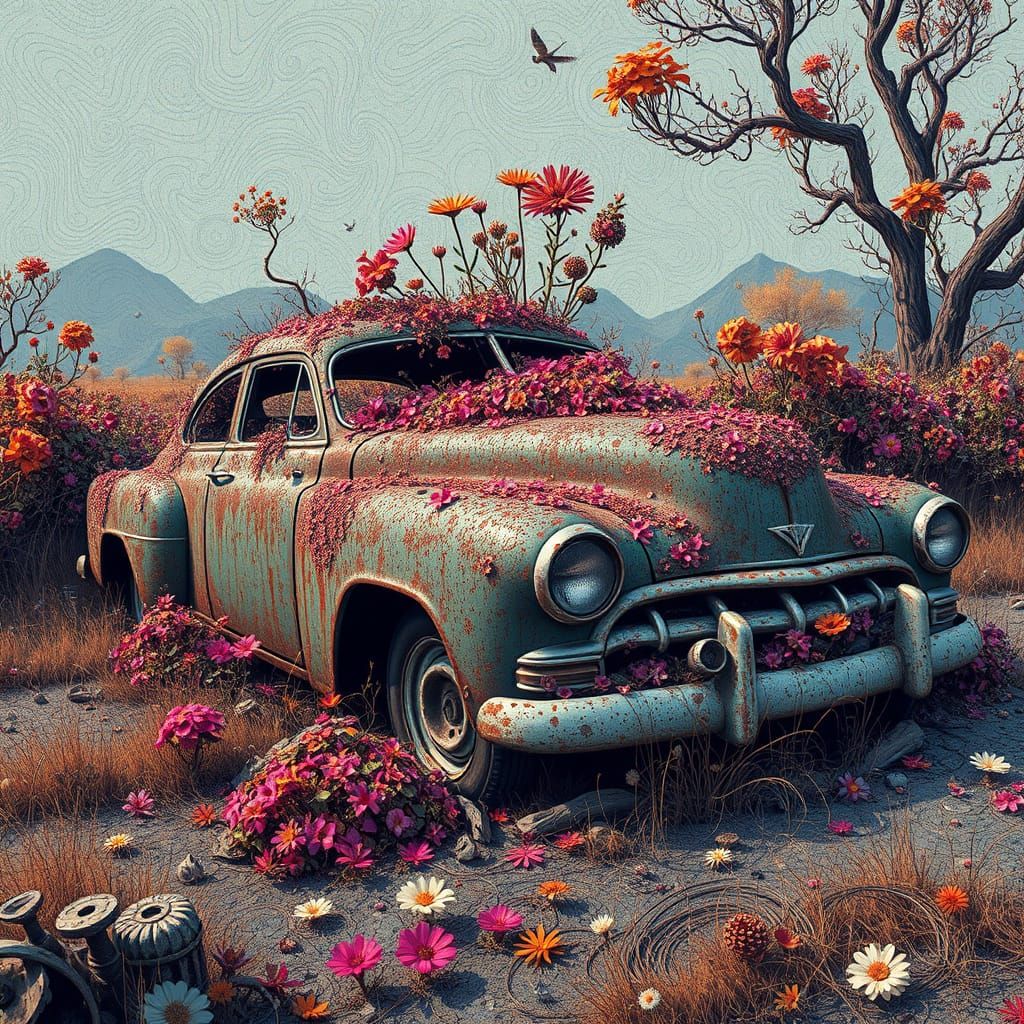 Abandoned Car in Surreal Fractal Landscape