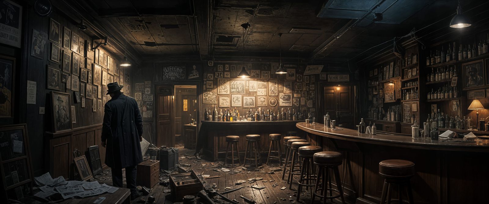 Detective Searches Abandoned Bar in Noir Night