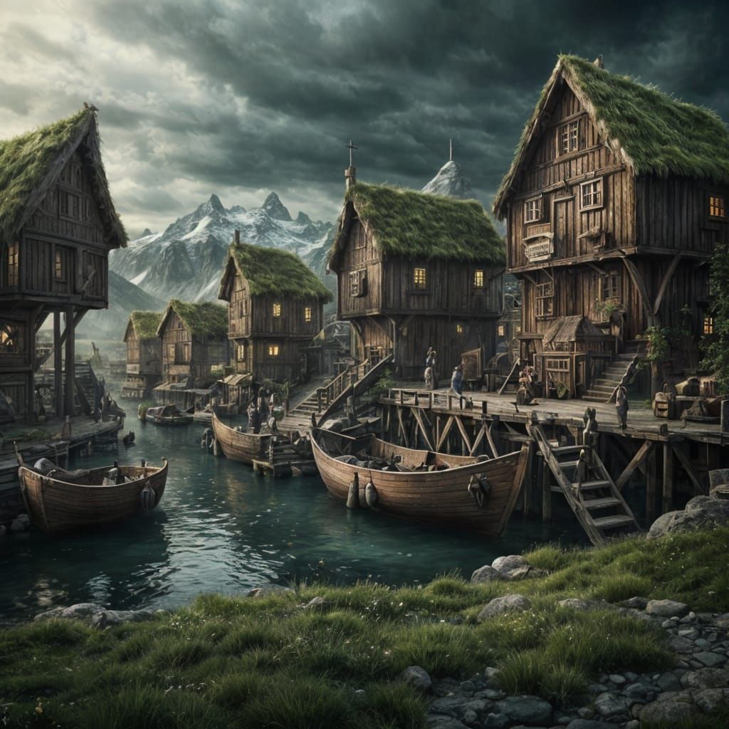 Dark Fantasy Viking Fishing Village in Digital Painting
