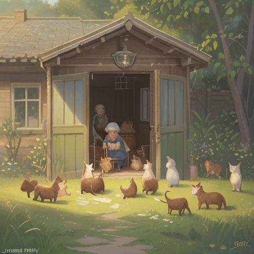 Charming Home With Cats, Oil Painting