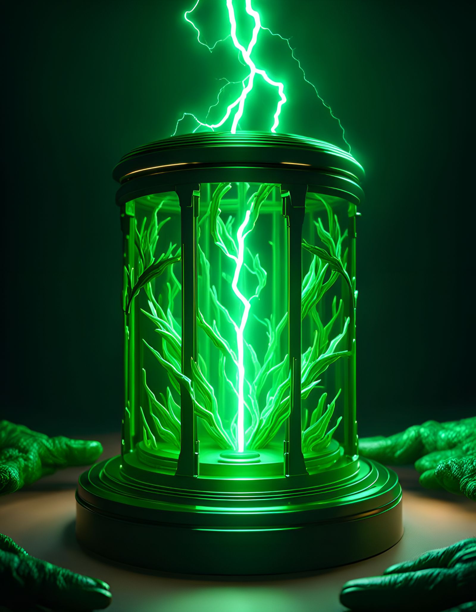 Green Lightning Ignites Cylindrical Box
