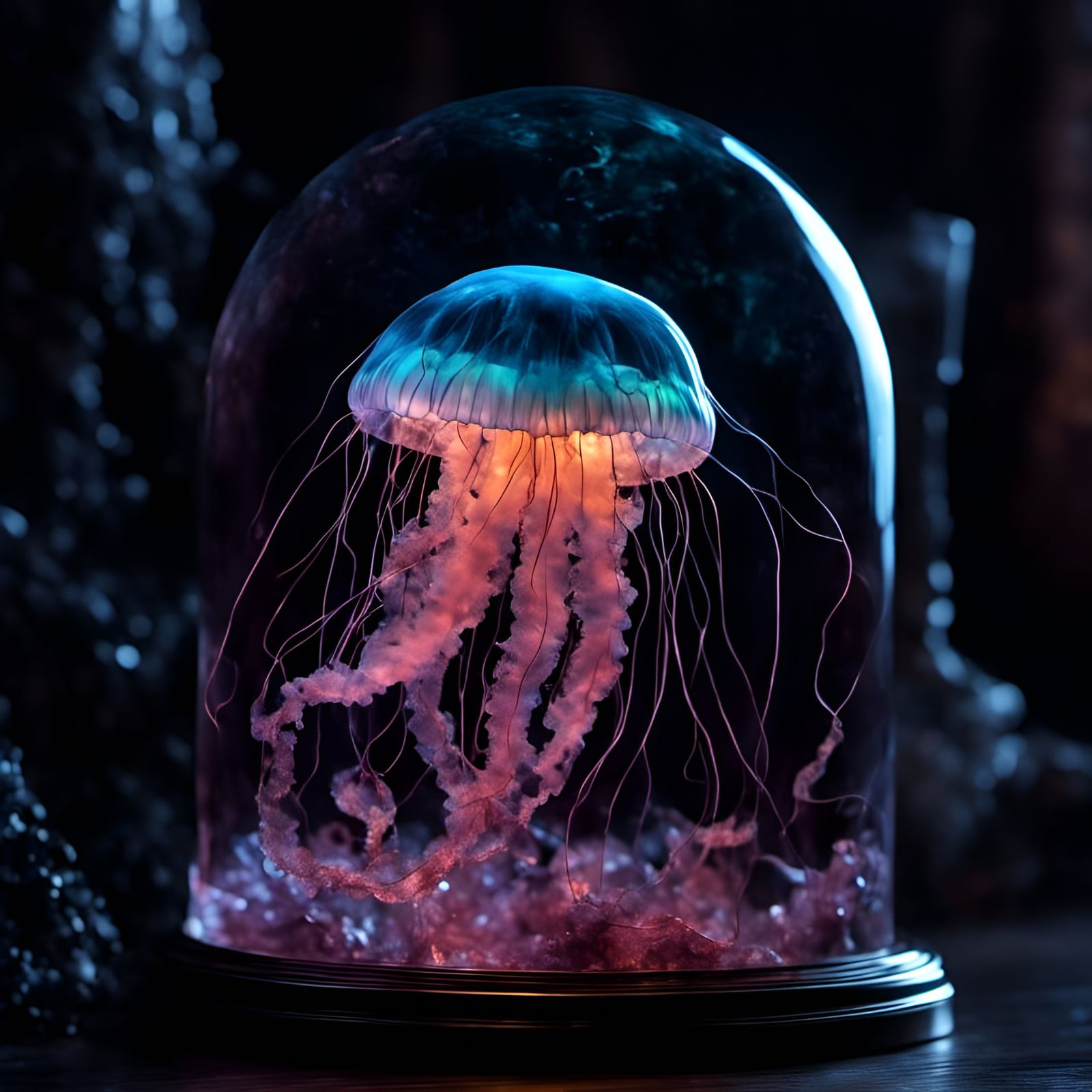 Bioluminescent Glass Jellyfish in Dark Ocean