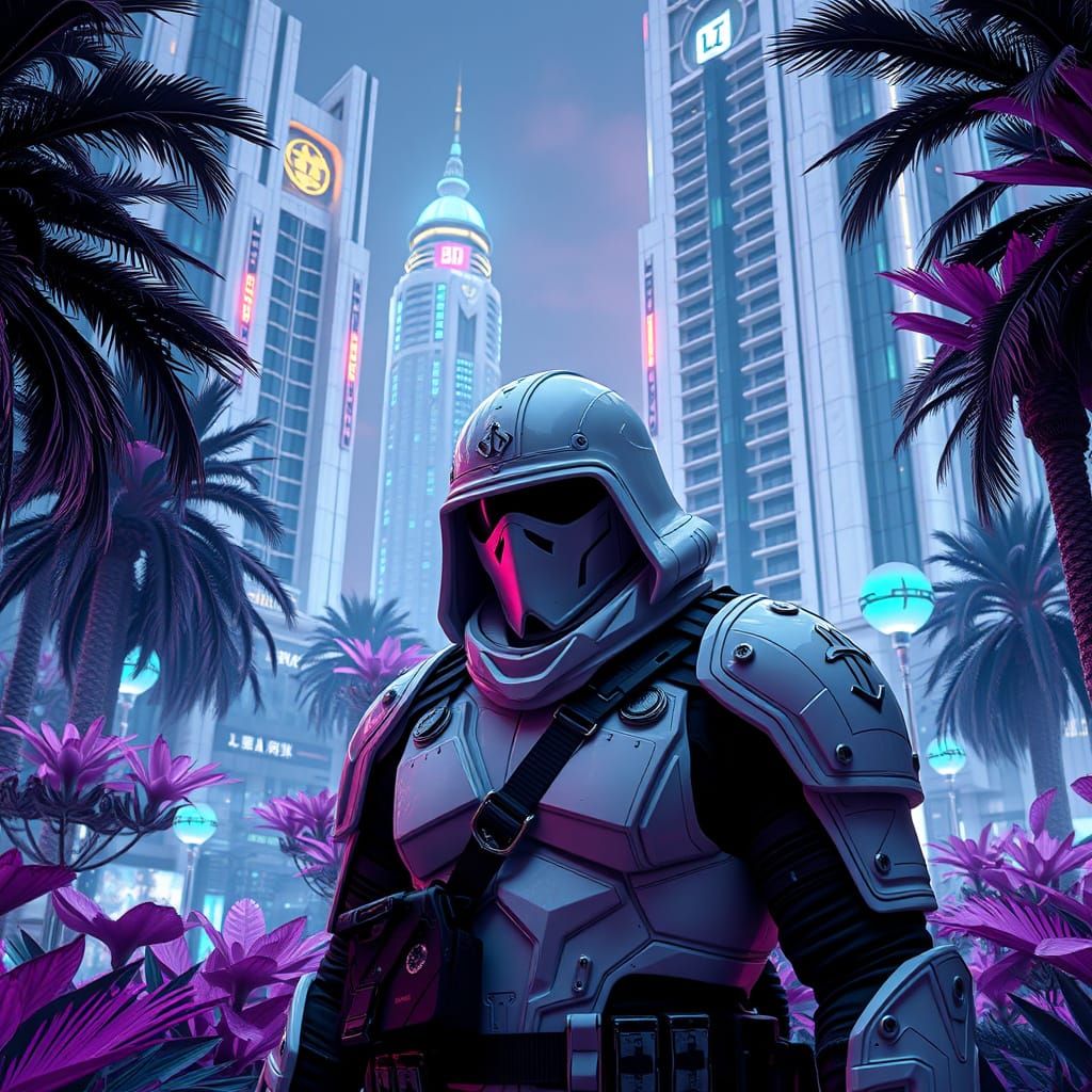 Cyberpunk Guard in Futuristic Cityscape, Kubrick Villeneuve ...