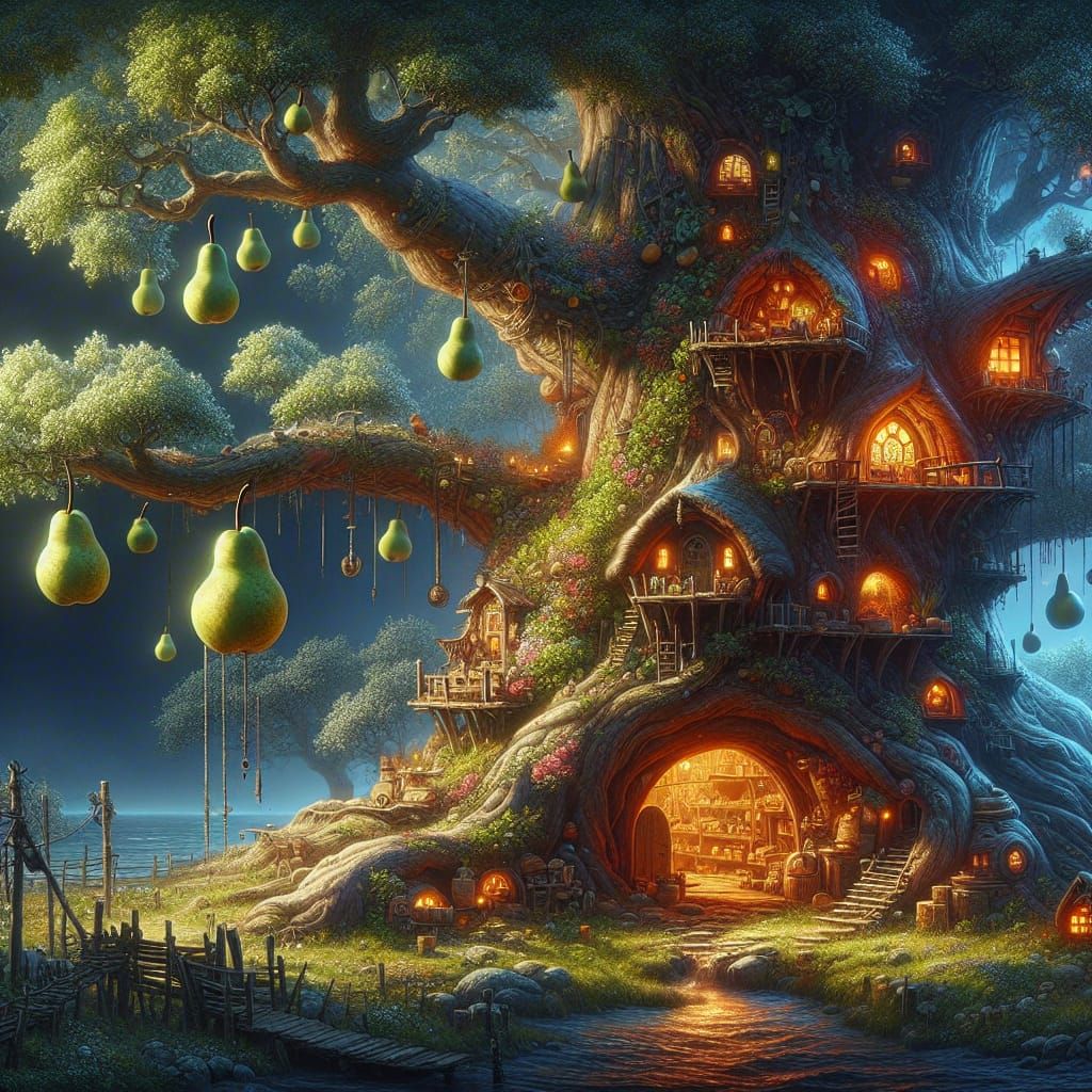 Gnomes in a Fantastical Pear Tree Haven