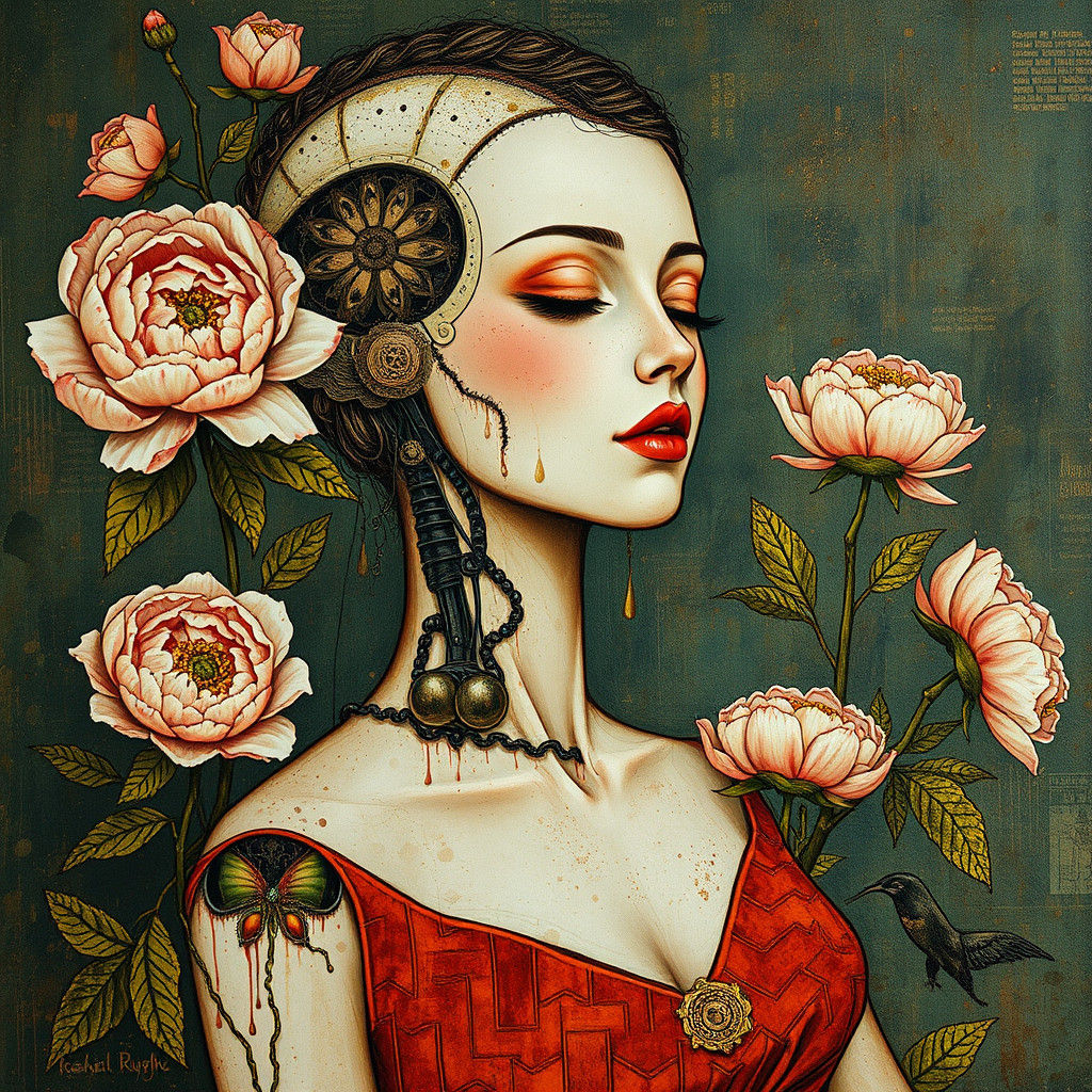 Robot Woman with Peonies in Klimt Style