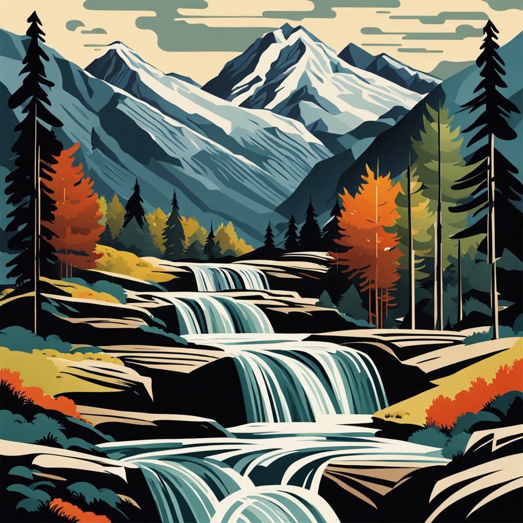 Majestic Mountains and Waterfall in Pierre Soulages Style