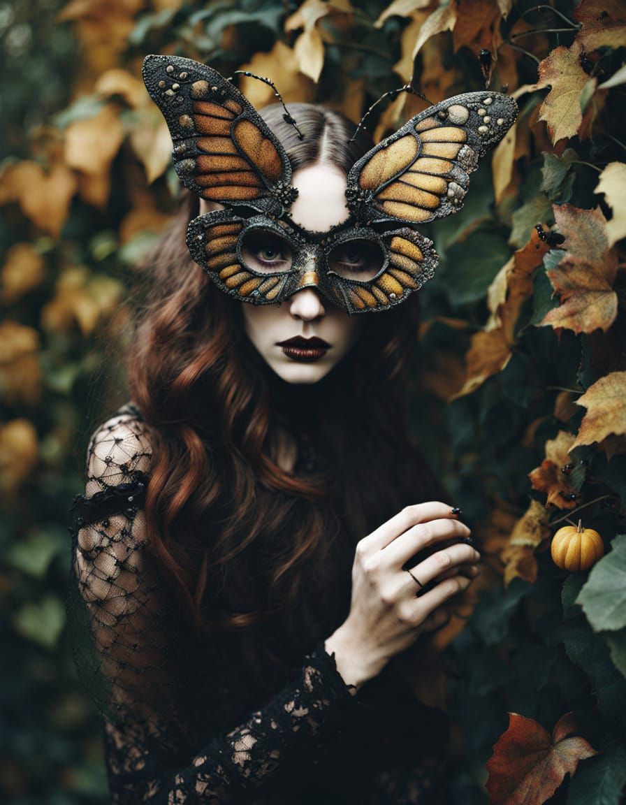 Eerie Gothic Girl in Insect Mask Lurking in Autumn Garden