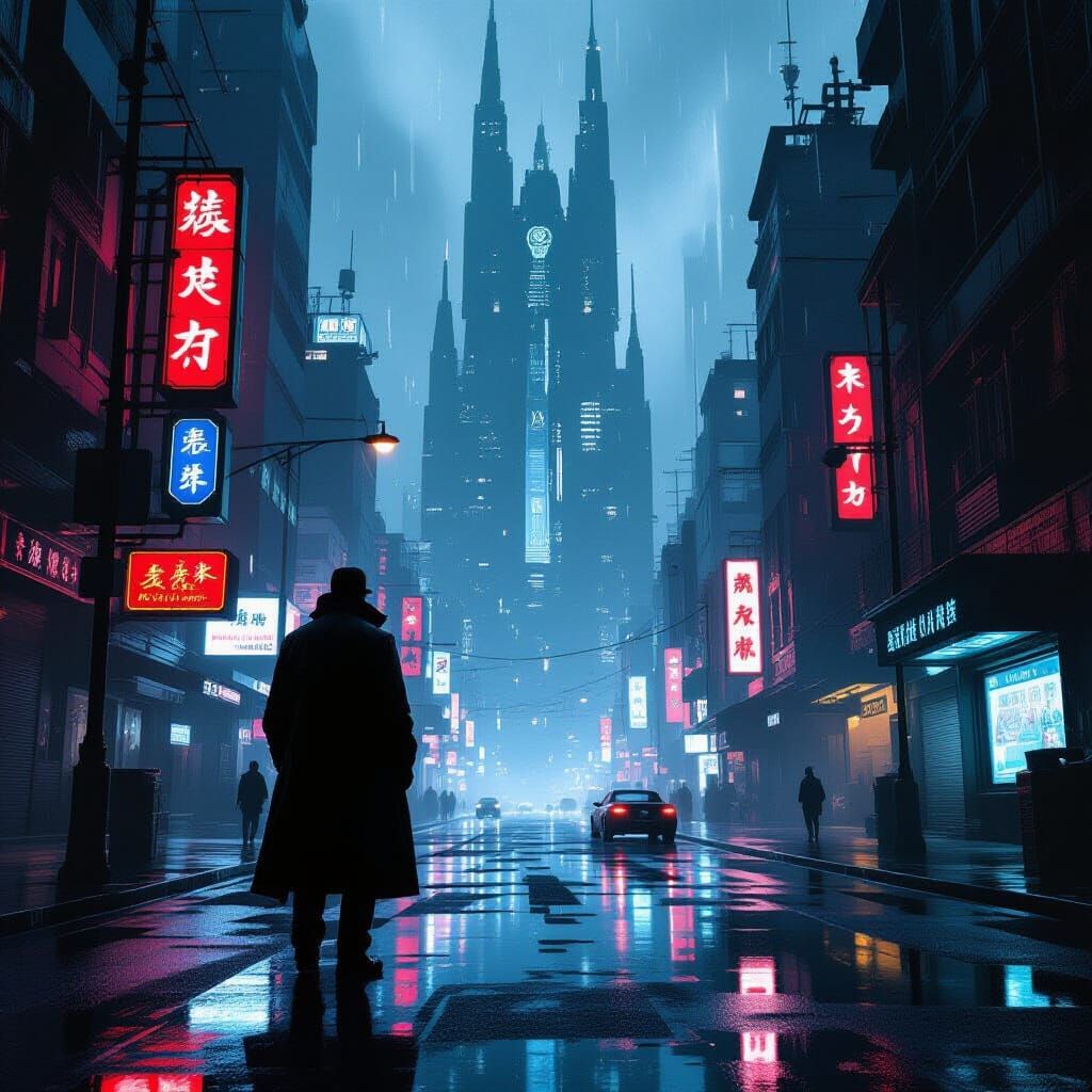 Futuristic Detective Noir on a Rainy City Street