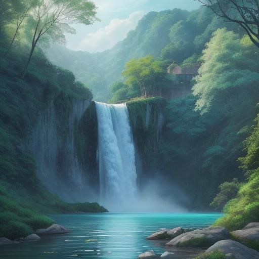 Lush Waterfall Scene with Magical Flowers in Hyperrealism