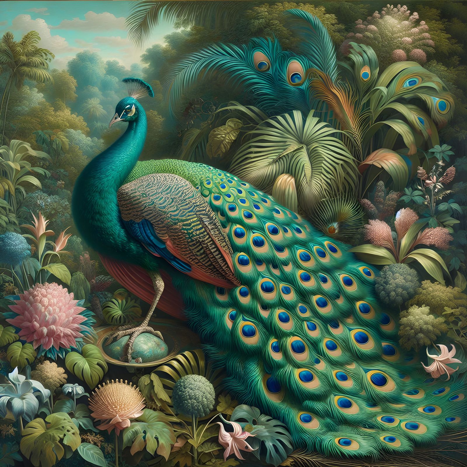 Peacock in Botanical Garden as Baroque Oil Painting