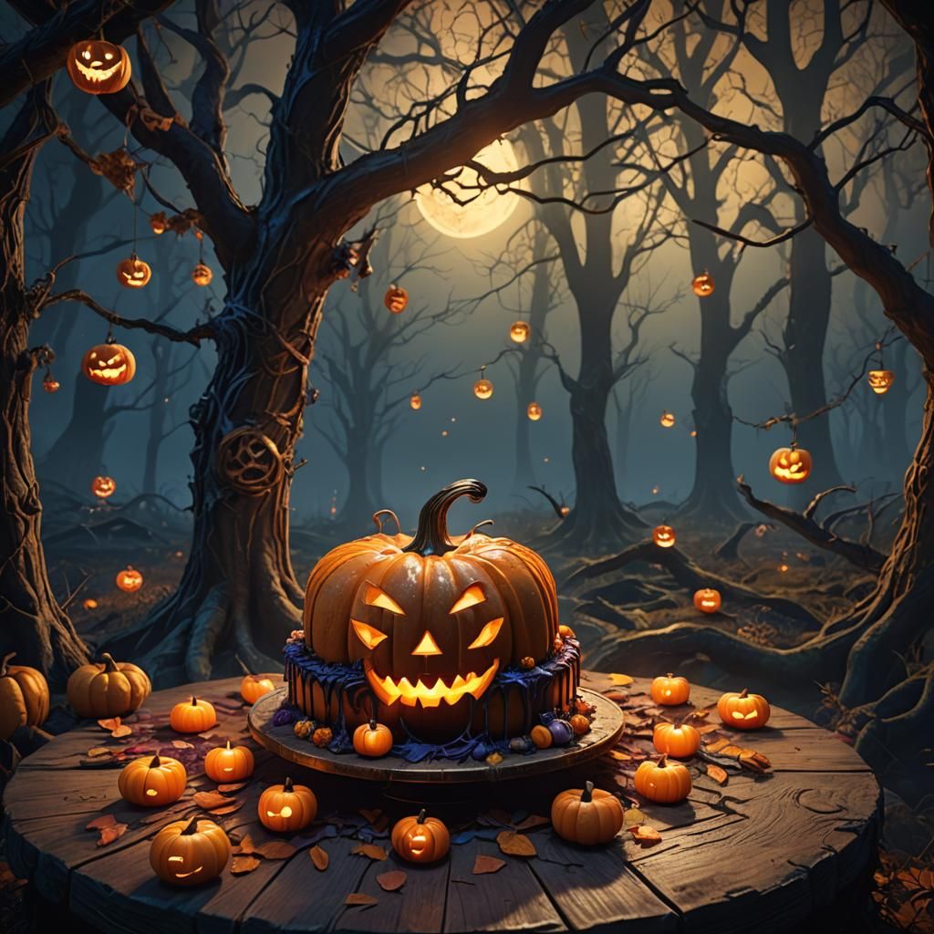 Glowing Halloween Cake in Forest Clearing