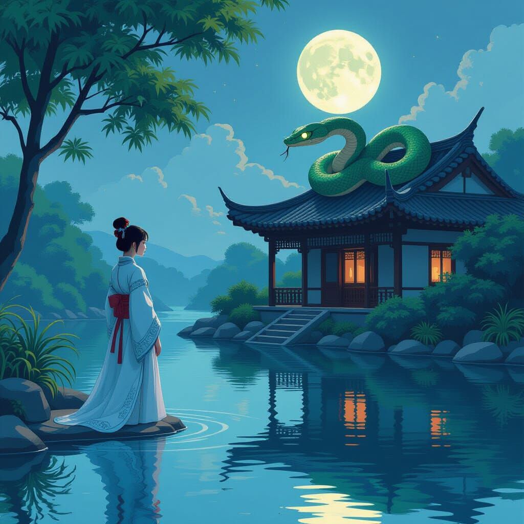 Hanfu Woman and Serpent Under Moonlight