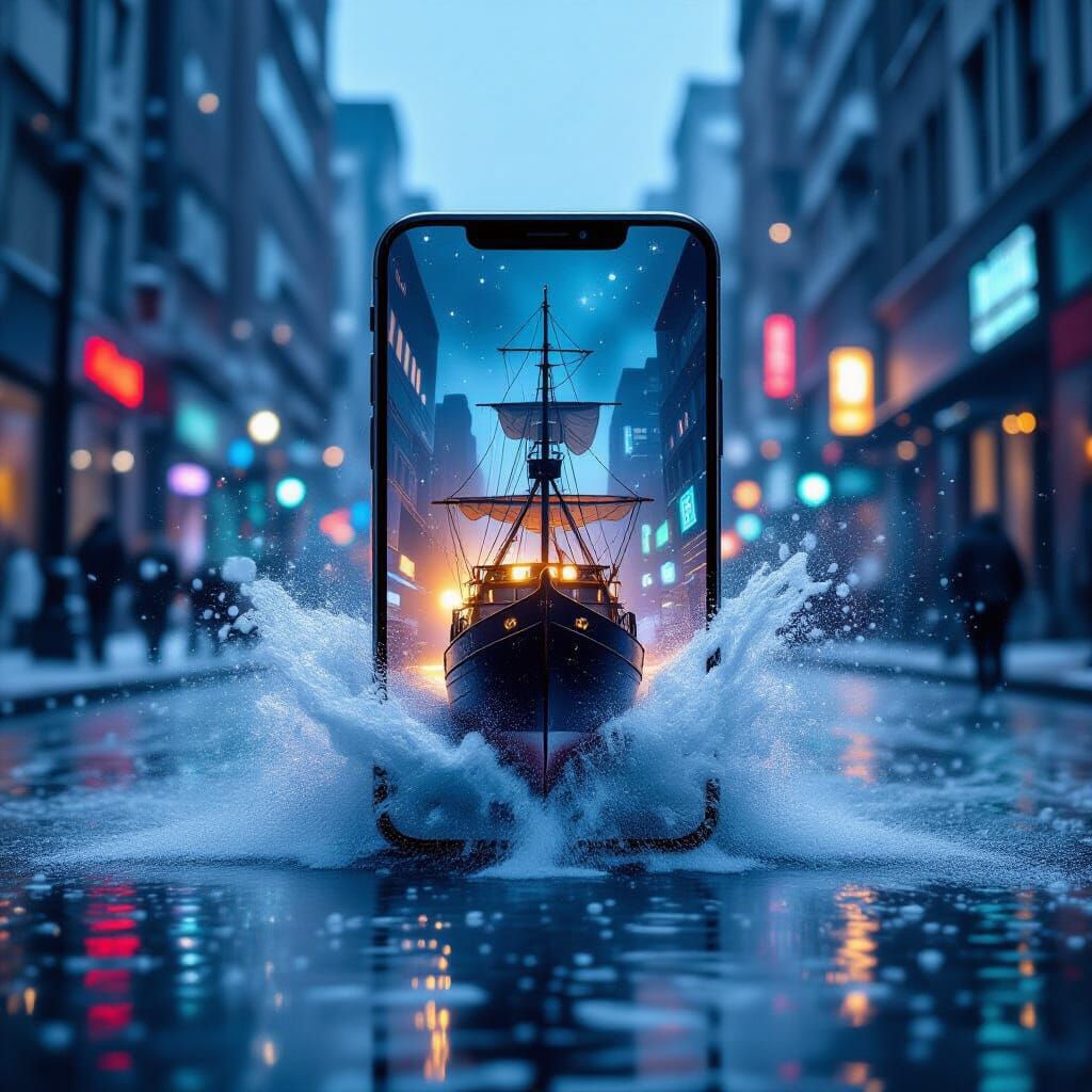 Ship Emerges from Phone Screen in Neon Mist