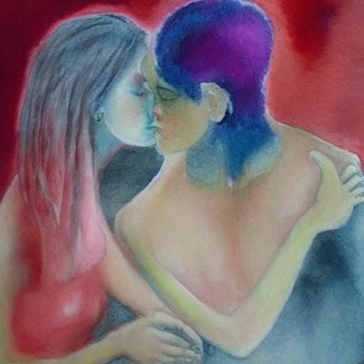 Secret Kiss: Forbidden Love in Surreal Aquarelle